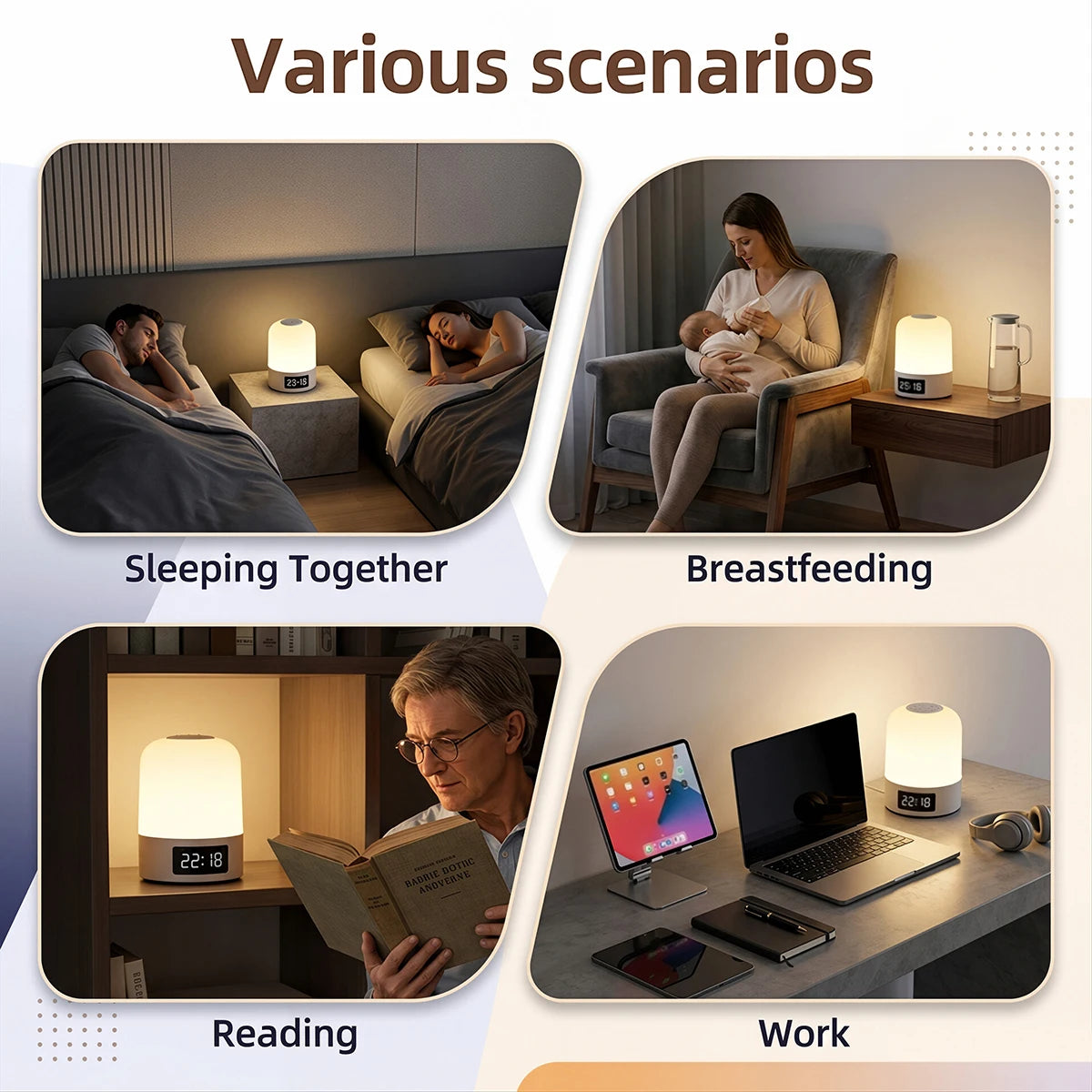 veilleuse lampe chevet blanc moderne affichage heure commande tactile rechargeable