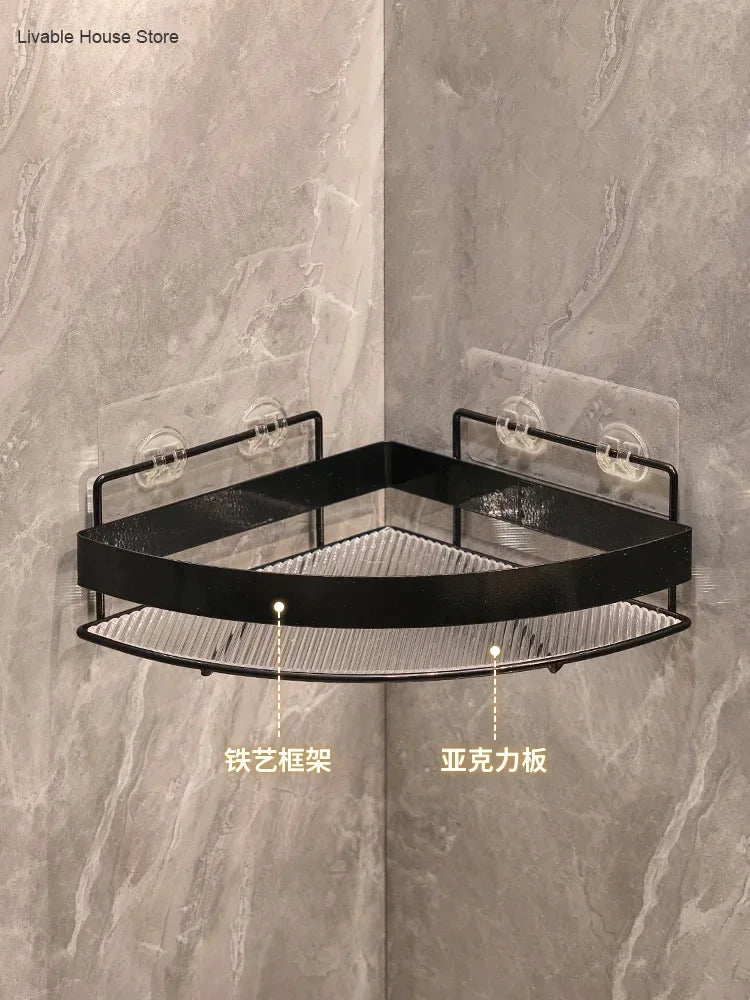 étagère salle bain dorée grille métal moderne fixée suction rangement produits toilette crochet