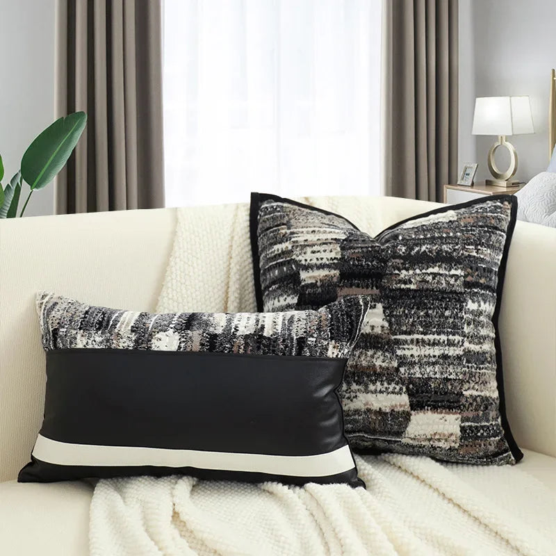 housse coussin carré noir blanc rayures moderne adhésif lit salon voiture 45x45 cm polyester