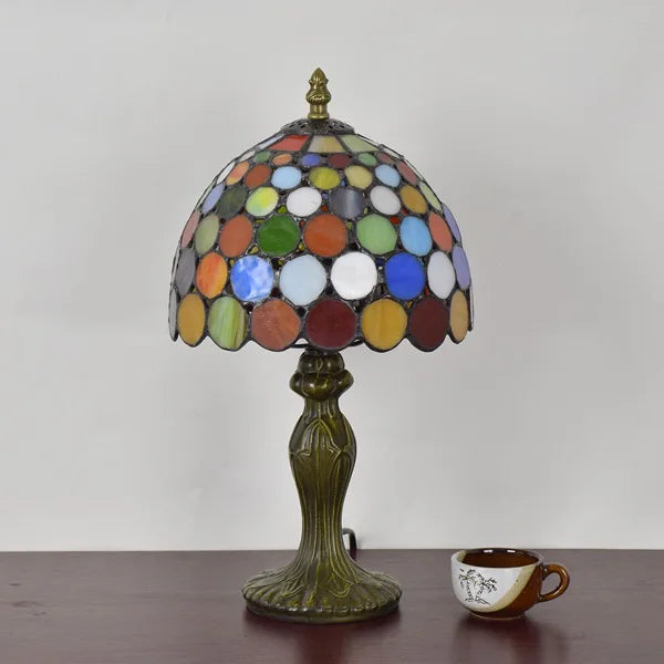 lampe table tiffany multicolore verre translucide abat jour motifs circulaires base sculptée vintage 36cm