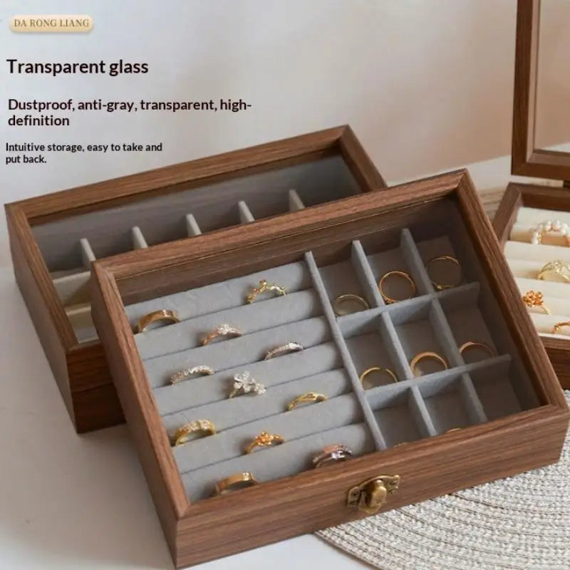 boîte bijoux bois marron verre transparent velours gris moderne rangement sans poussière cadenas bague