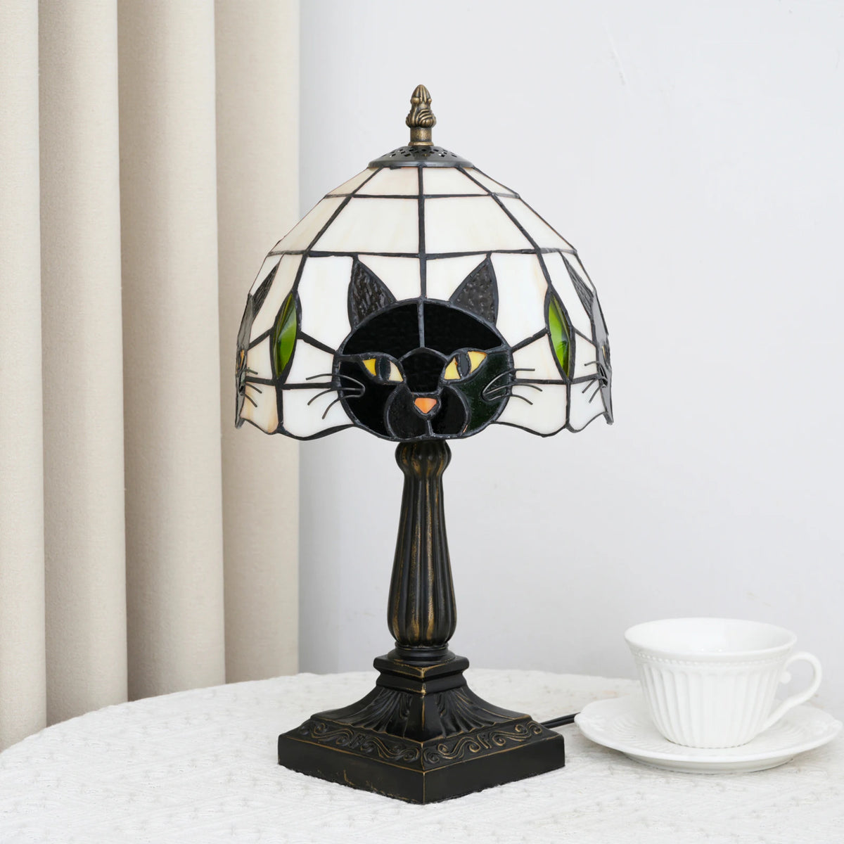 lampe table tiffany vitrail chat noir stained glass fixe base carrée