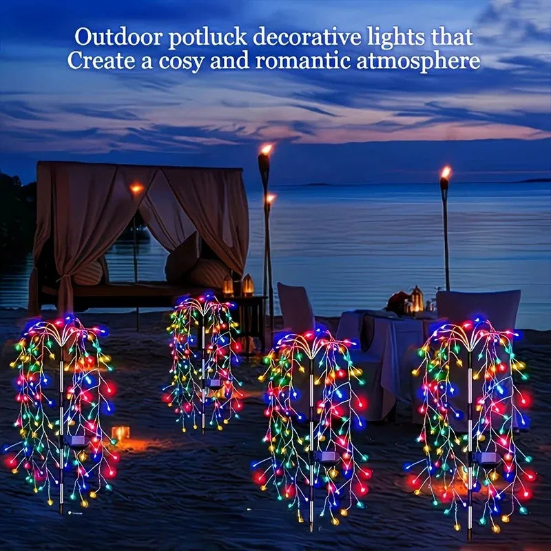 guirlandes solaires led jaune blanc argenté rouge vert bleu arbres feuilles patio jardin extérieur