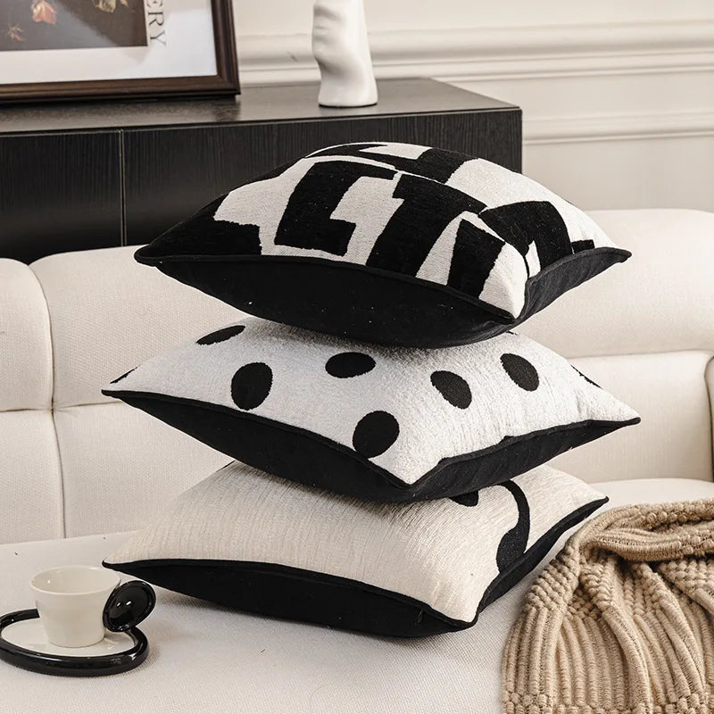 housse coussin polyester géométrique jacquard noir blanc moderne salon décoration