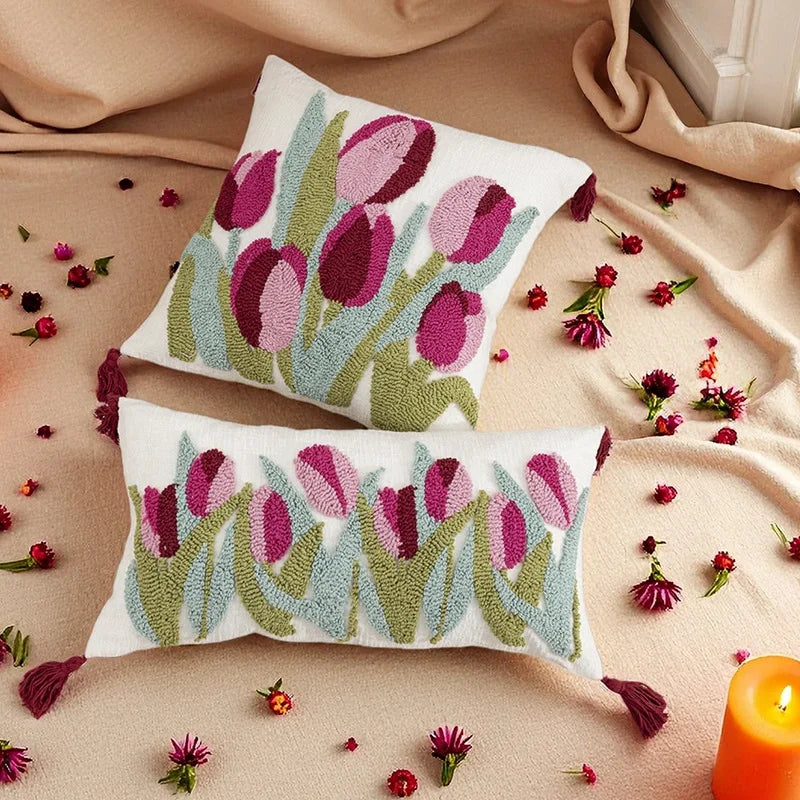 taies d'oreiller fleur tulipes rose verte adhésif tassel polyester blanc traditionnel maison respectueux environnement