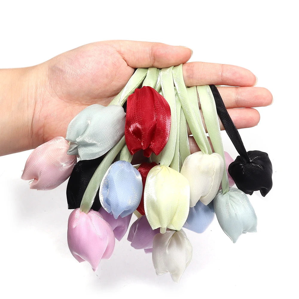 Décoration intérieure tulipes artificielles 3D fleurs polyester accessoires cheveux élastiques vert rose blanc