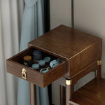 meuble appoint bois massif moderne table tiroir meuble double plateau vase bleu figurine bouteille
