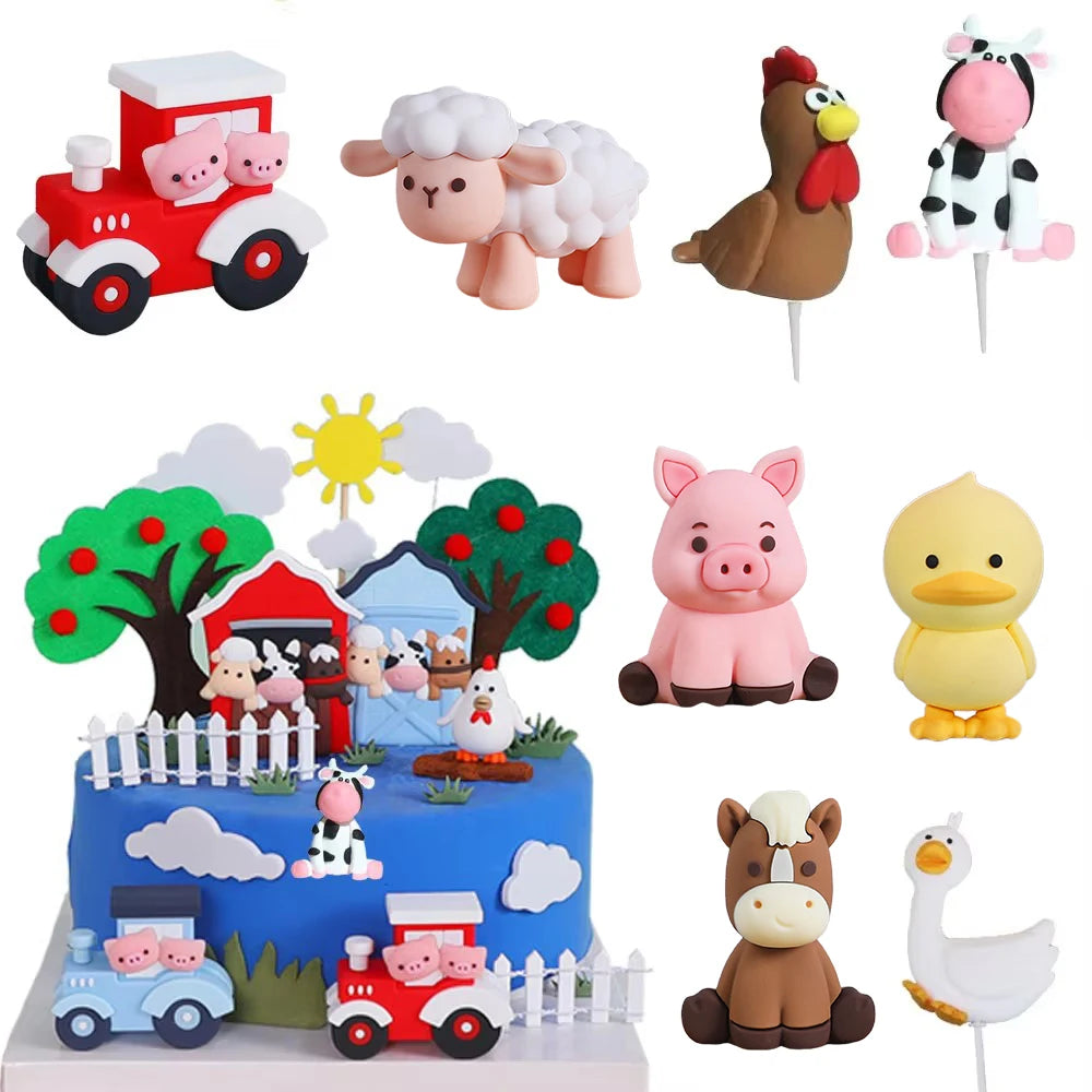 figurine animaux ferme decoration gateau anniversaire enfant poule cochon vache cheval tracteur grange decor