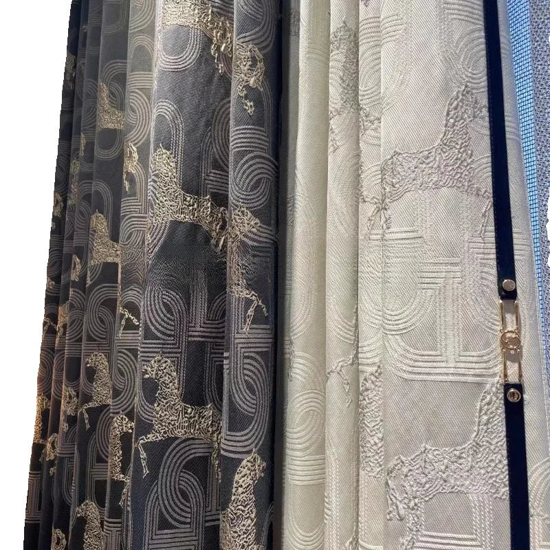 rideau translucide moderne motif cheval doré gris beige salon chambre fenêtre maison élégant