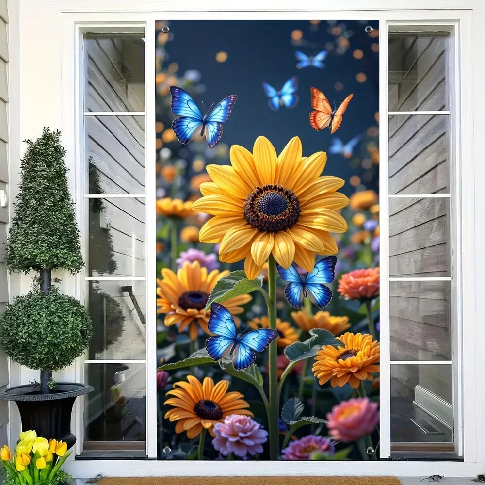 panneau mural décoratif fleurs tournesols papillons bleu nuit adhésif intérieur extérieur festive opaquement