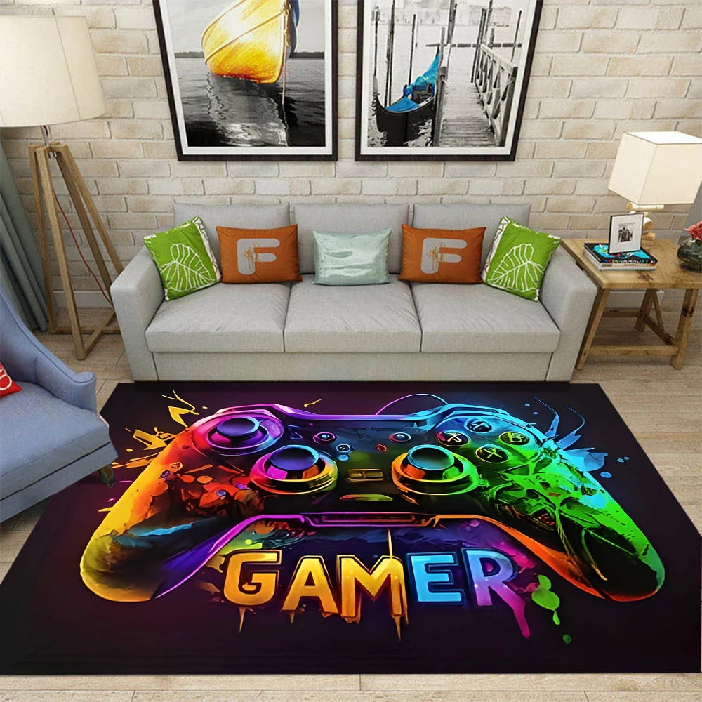 tapis sol chambre garçon gamer manette jeu vidéo noir motif moderne décoration salle jeux