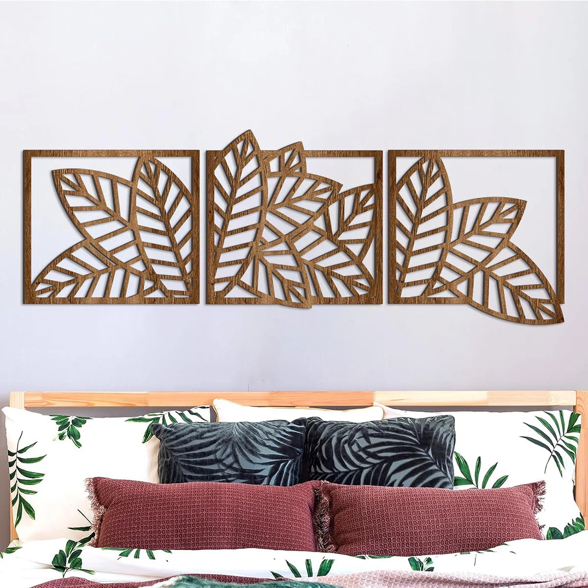 décoration murale bois feuilles stylisées marron clair moderne abstrait bohème tropicale