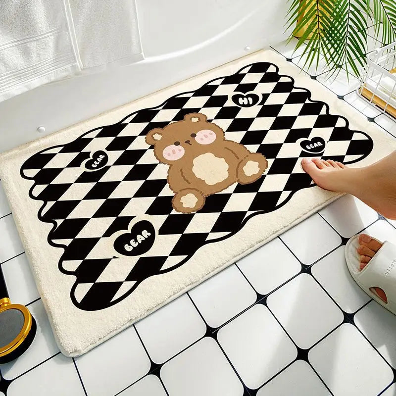 tapis sol antidérapant ours mignon carreaux géométriques rose pâle cartoon mignon adhésif protecteur polyester