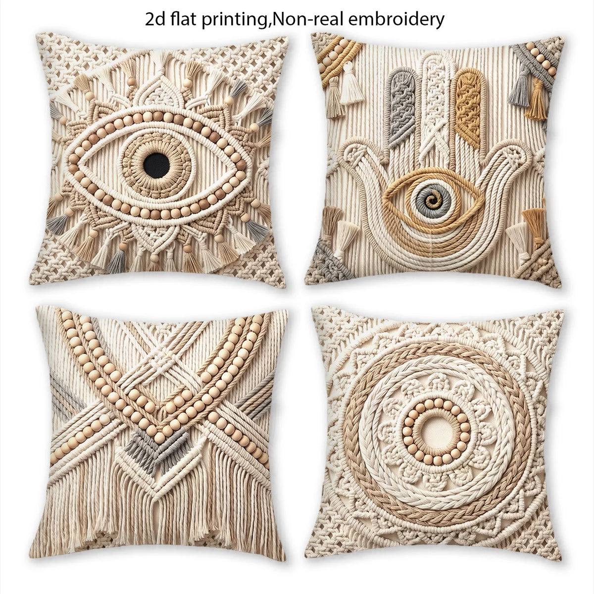 housse coussin macramé boho chic franges beige gris 40x40cm 45x45cm 50x50cm 60x60cm polyester