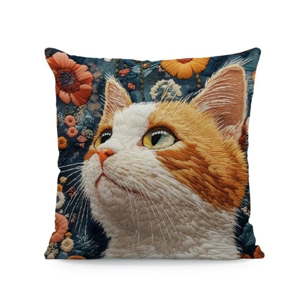 housse coussin polyester chat imprimé gris orange moderne salon chambre lit 45cm 45cm