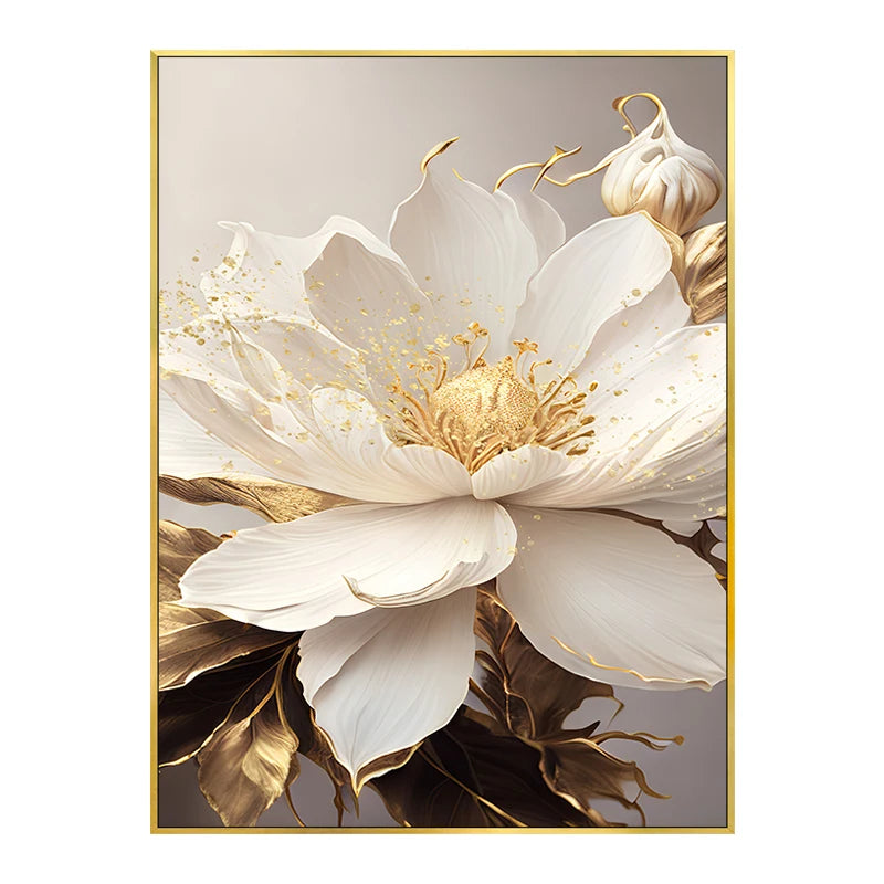 toile d'art moderne élégante fleur blanche feuilles dorées abstraction sans cadre chambre salon decoration