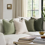 coussins décoratifs bohèmes lin texturé franges blanc cassé vert olive gris
