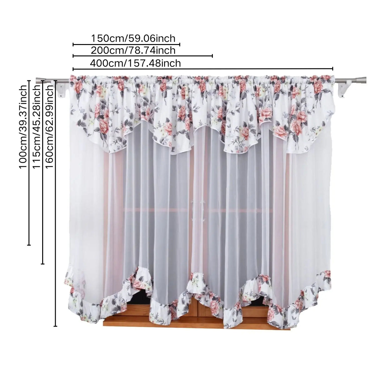rideau floral fleurs roses feuilles vertes fond blanc translucide classique salon maison
