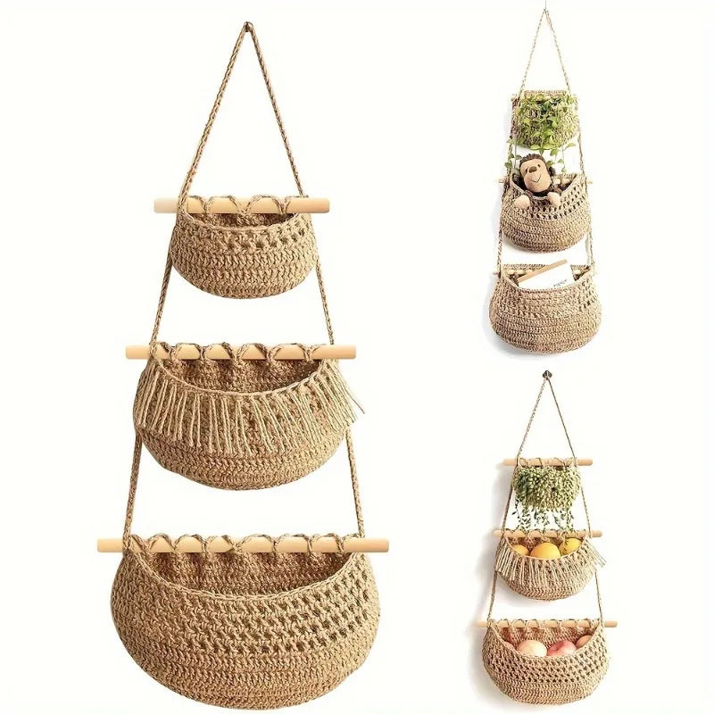 paniers suspendus boho chic naturels tressés fibre végétale rustique organisation murale fruits légumes