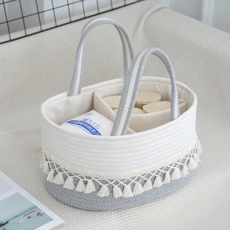 panier rangement tressé réutilisable compartiments couches jouets blanc rose beige