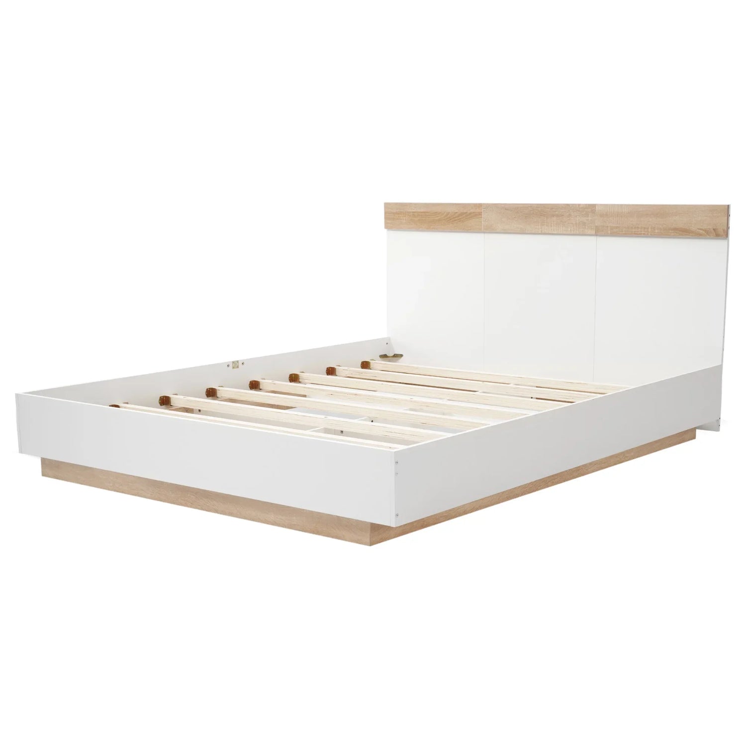 Vue latérale du lit flottant montrant les barres transversales et la structure en bois