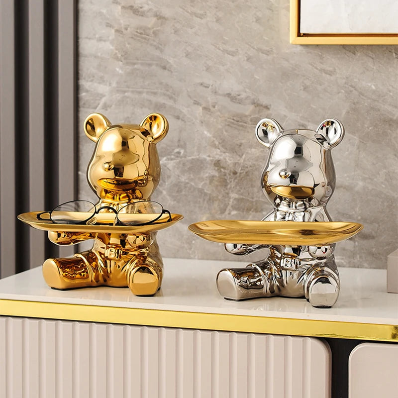 statue nounours céramique or argent moderne assiette rangement porte monnaie brillant tactileDecorationInterieur