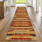 tapis runner ethnique motifs géométriques polyester imperméable rouge orange bleu