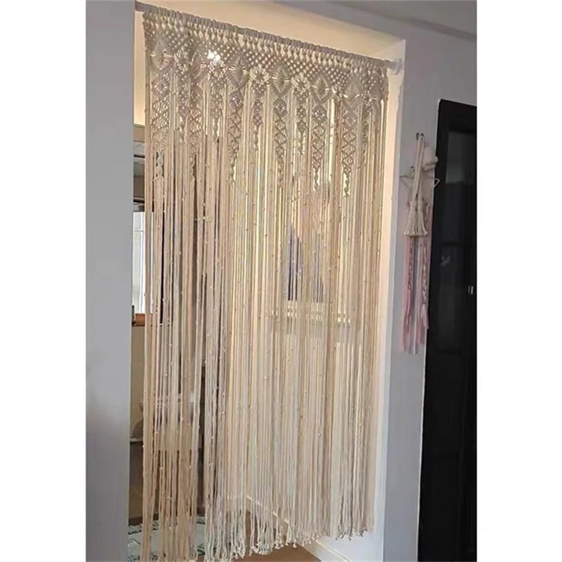 rideau macramé coton géométrique boho chic beige clair simple crochet suspension