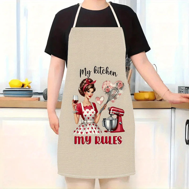 tablier cuisine vintage femme illustration humour élastiques ajustables pois rouge vin coeurs fleurs opacité