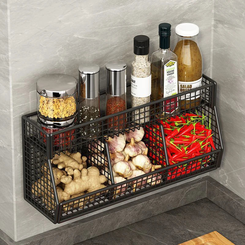 panier mural noir blanc maille métallique moderne adhésif rangement fruits légumes cuisine