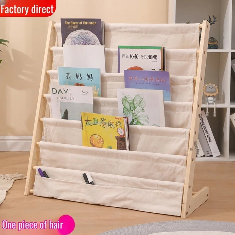 support livres bois beige clair moderne minimaliste pochettes amovibles pieds simples autonomes