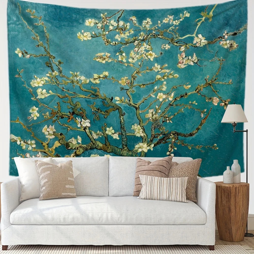 tapisserie impressionniste fleurs blanches fond bleu salon chambre décoration murale polyester lavable machine