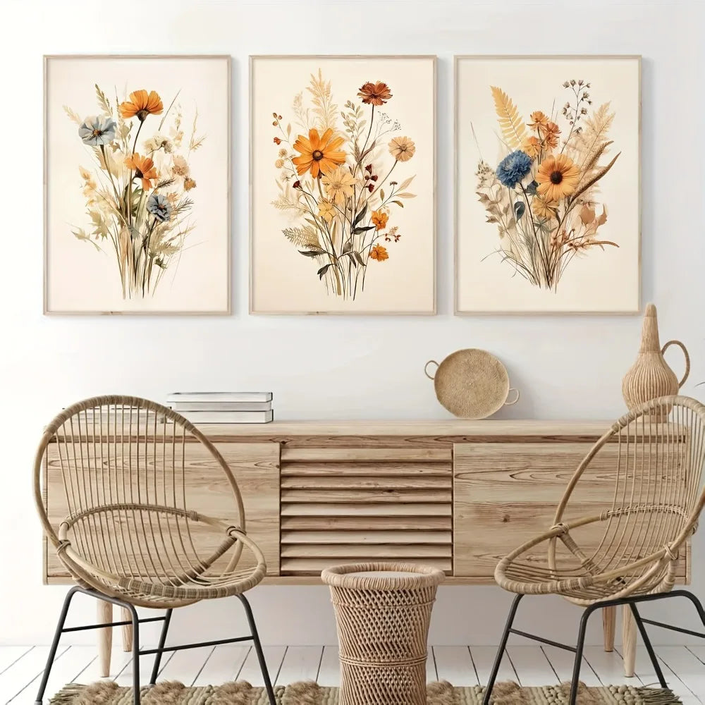 toiles d'art abstrait fleurs séchées classique rustique beige marron orange bleu blanc sans cadre