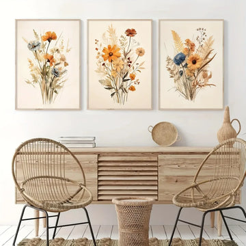 toiles d'art abstrait fleurs séchées classique rustique beige marron orange bleu blanc sans cadre