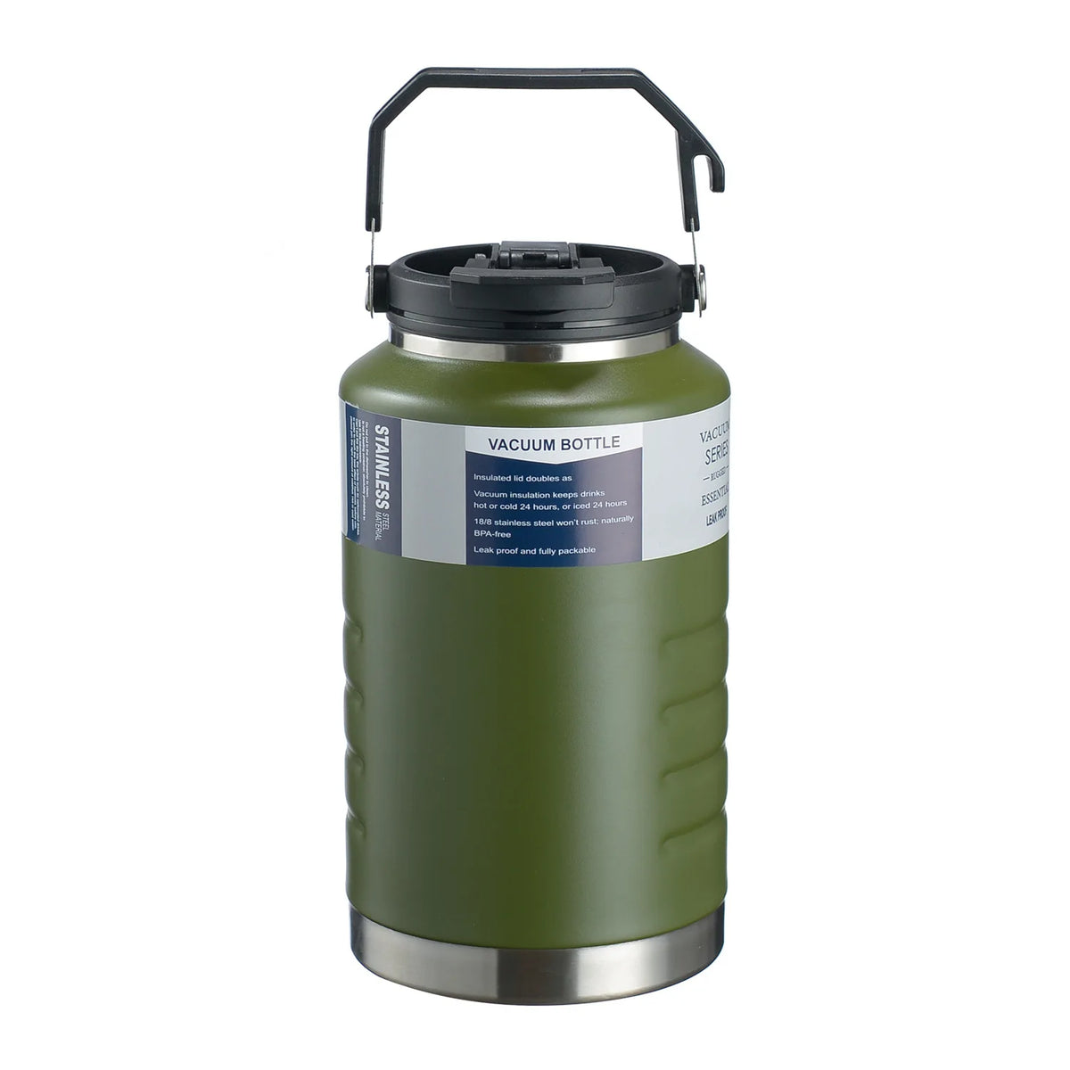 thermos bouteille 1500ml 2000ml acier inoxydable rayures horizontales poignée couvercle moderne vert olive noir