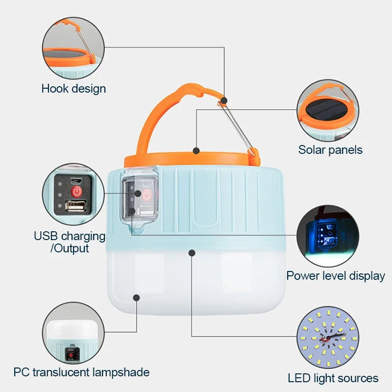 lanterne solaire rechargeable camping pêche randonnée led orange bleu clair moderne pratique