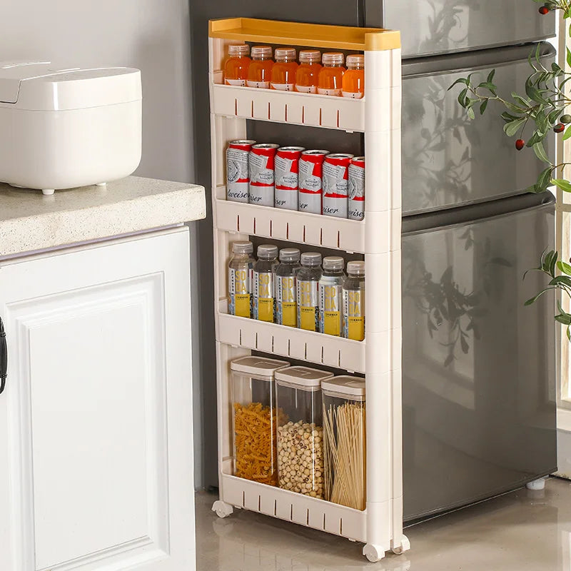 étagère rangement étroite roulettes meuble cuisine salle bain plastique beige marron