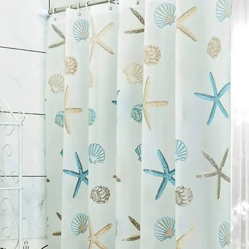rideau douche motif marin semi transparent moderne bleu vert blanc motifs coquillages étoiles mer