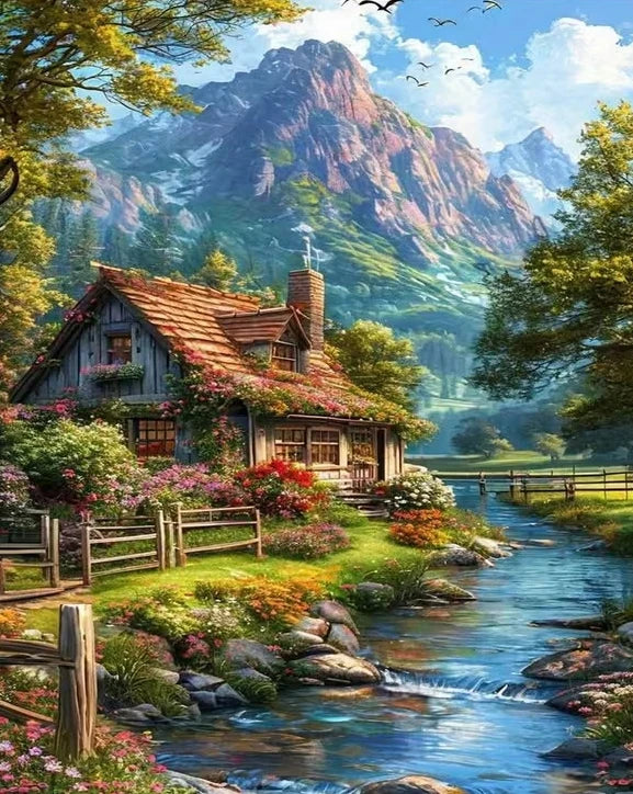 tableau numérique paysage montagne maison multicolore DIY peinture huile peinture numéros kit débutant decoration