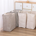 panier linge pliable rayures horizontales gris clair beige moderne réutilisable fibre végétale poignées bois