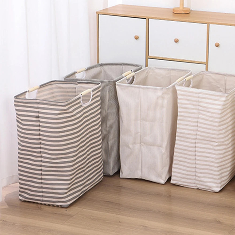 panier linge pliable rayures horizontales gris clair beige moderne réutilisable fibre végétale poignées bois