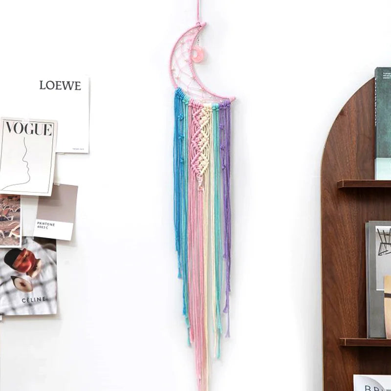 décoration murale boho chic macramé tissé main étoiles lunes franges couleurs vives chambre enfants
