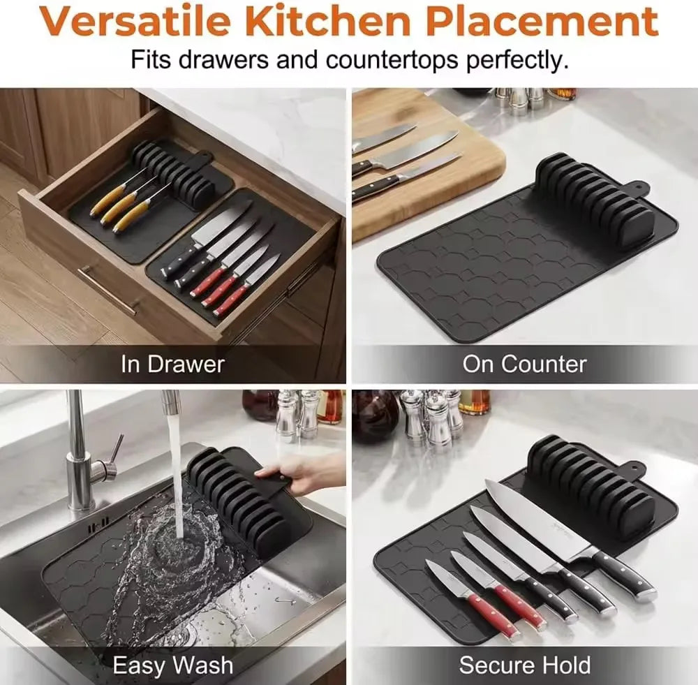 tapis rangement couteaux gris hexagonal moderne clips détachables protection cuisine organizer