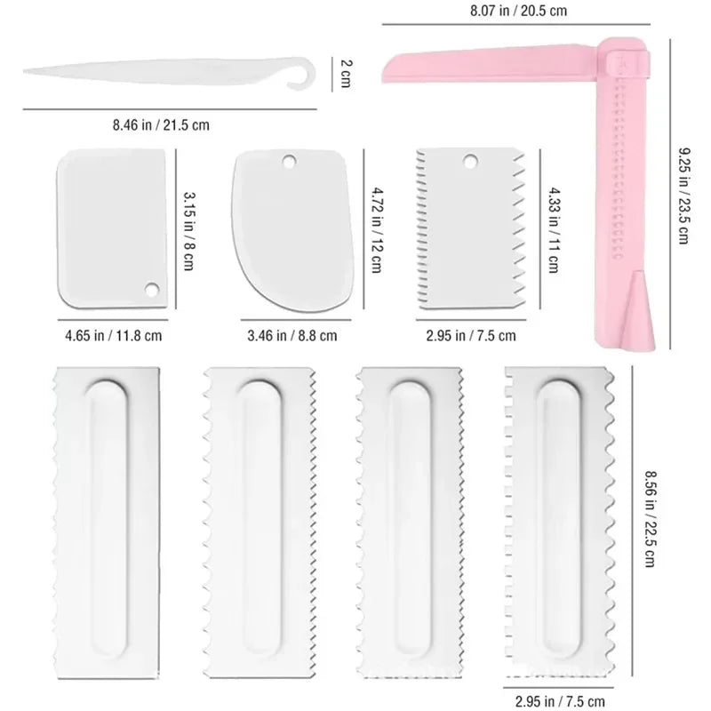 couteau gâteau dents scie spatule réglable blanc rose utilitaire pâtisserie cuisine pliable rigide