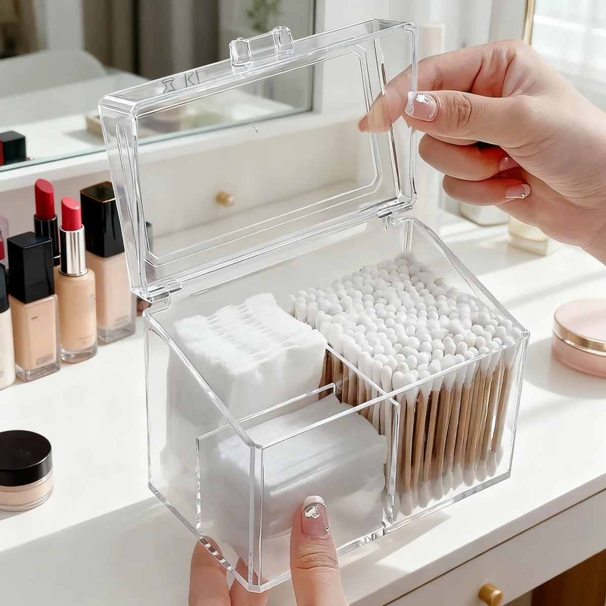 boîte rangement transparente moderne coton tige éponge maquillage salon beauté réutilisable minimaliste poignée