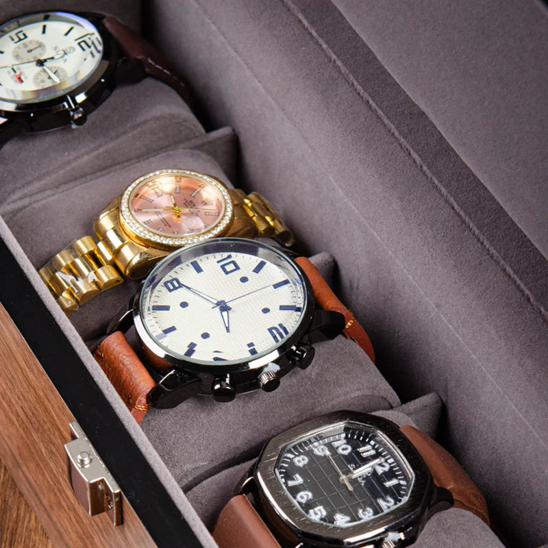 boîte montres 10 slots bois marron velours gris verre transparent classique clips verrouillage