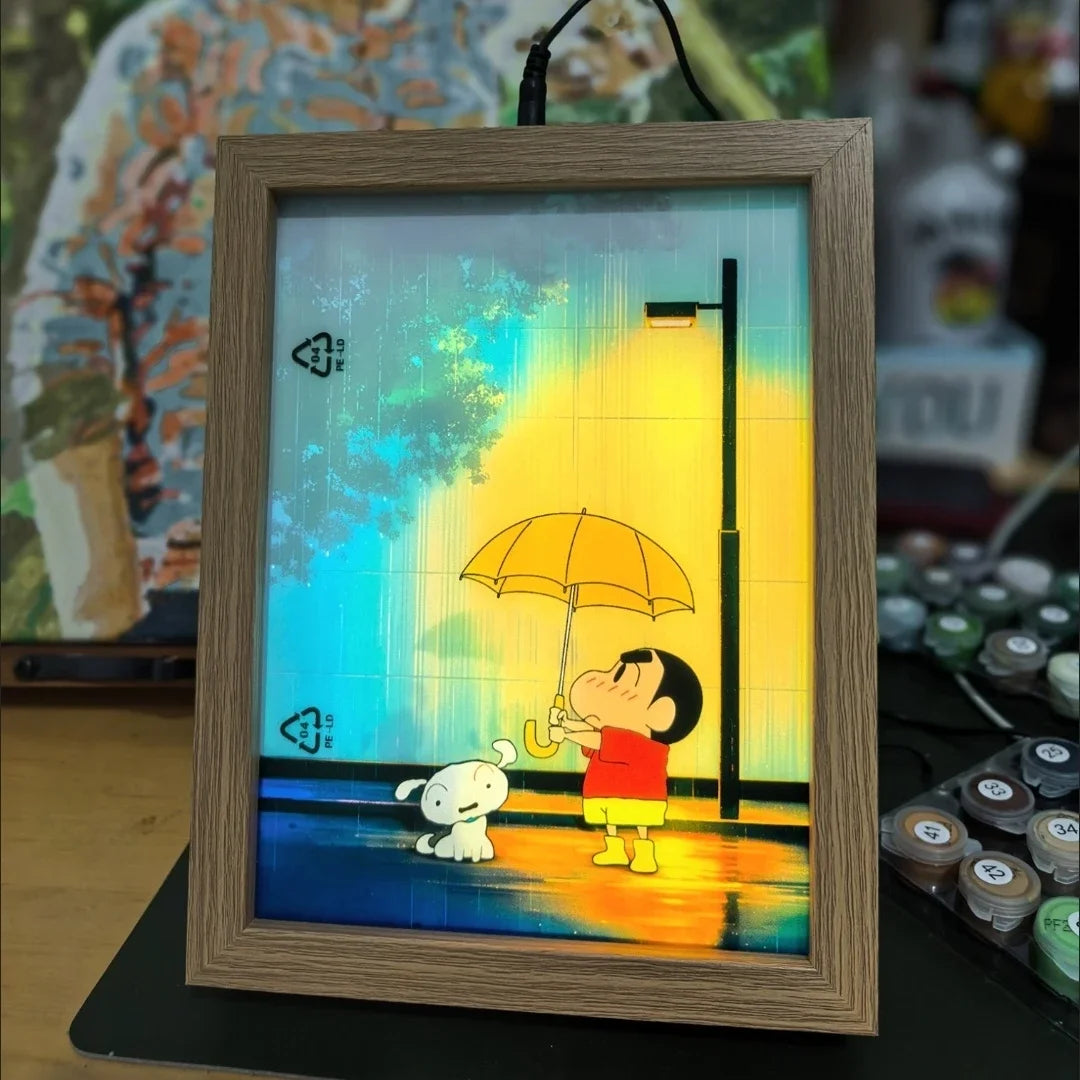 veilleuse led cadre lumineux shin chan illustration parapluie bois naturel noir contemporain clips