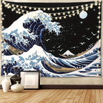 tapisserie moderne art japonais ondes étoiles noir blanc bleu beige chambre coucher