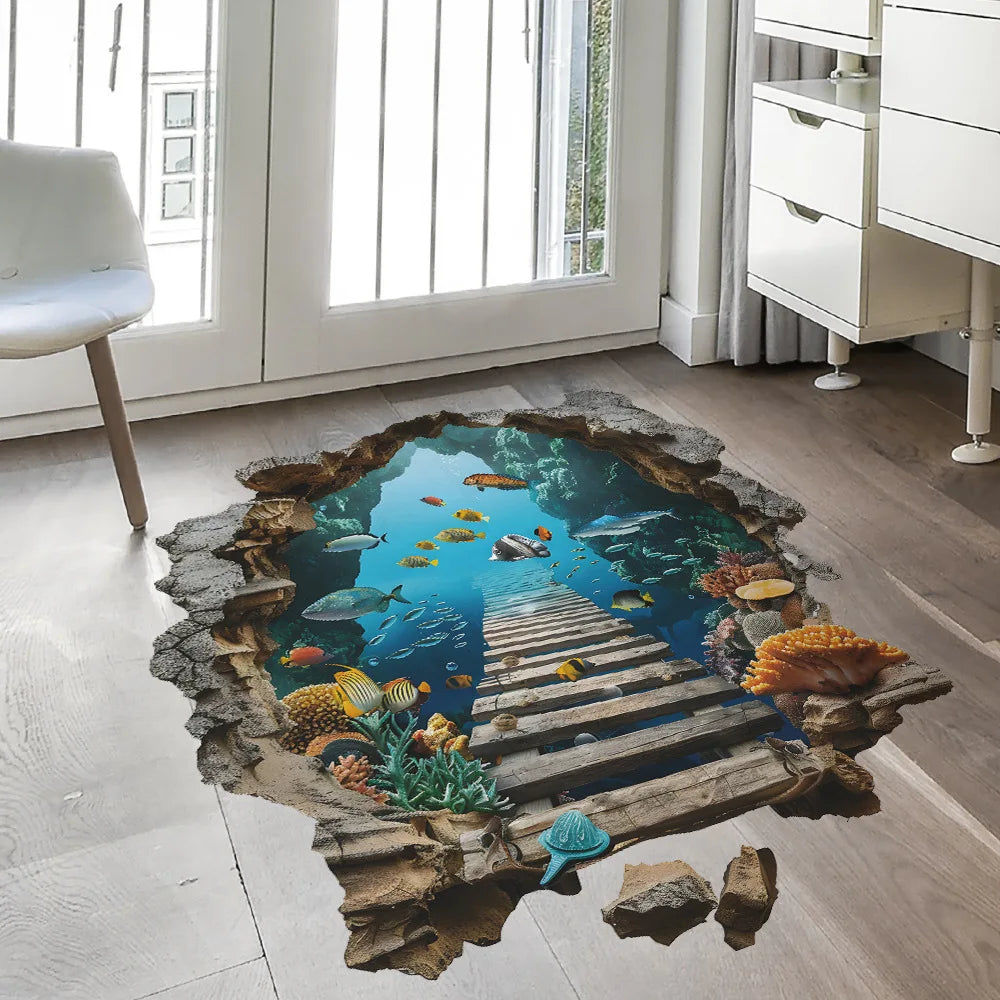 sticker mural 3d sous marin pont poissons coraux décoration mur opaque réaliste adhésif chambre
