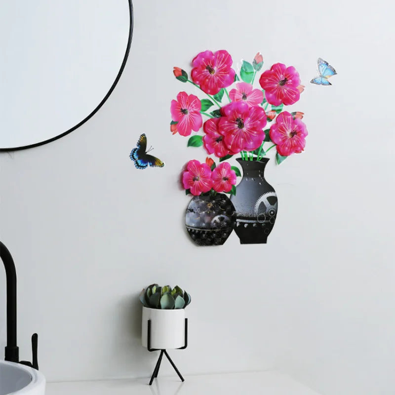 sticker mural 3d moderne fleurs papillons rose beige noir opaque chambre coucher PVC